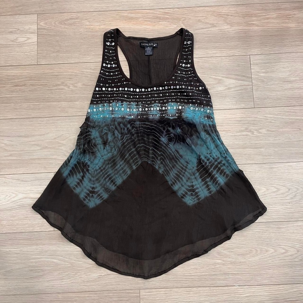 Living Doll Tie dye Tank top Beaded Sequins Sheer Flowy Women M Boho Fairy Y2K